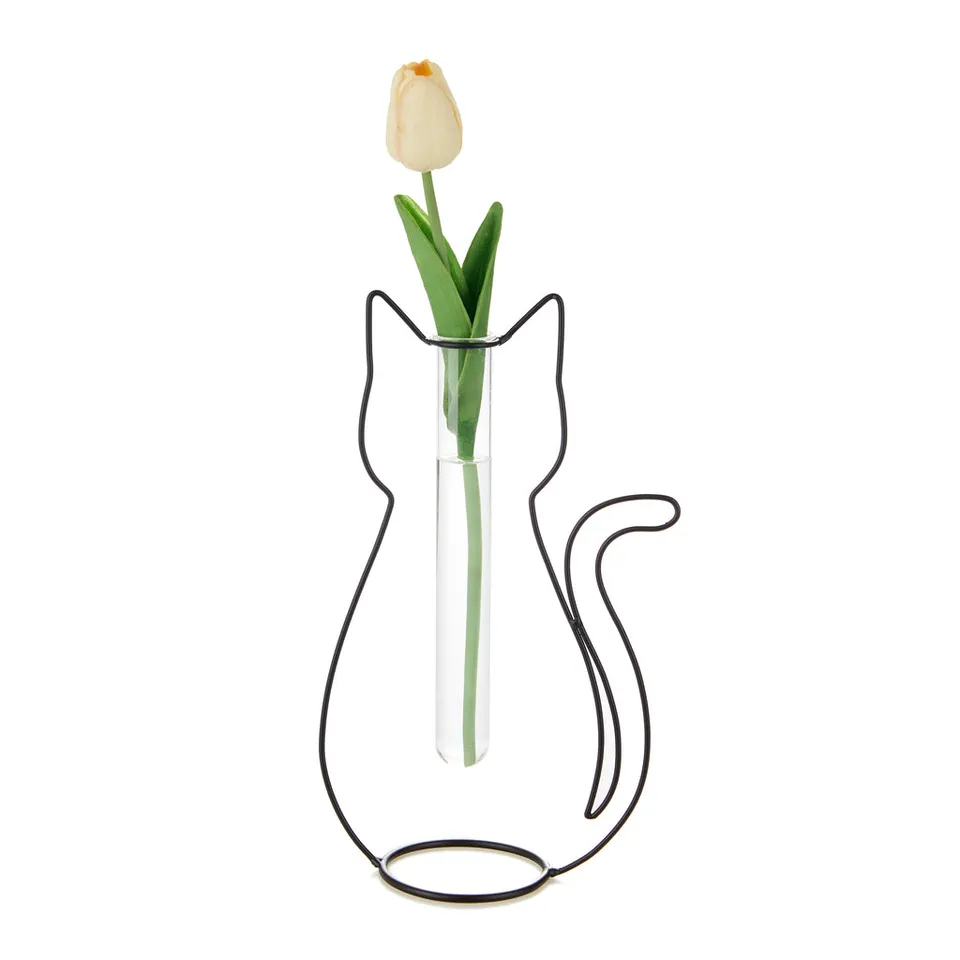balvi-home-decor-cat-silhouette-vase-m-tal-chat-pipette-verre image 1
